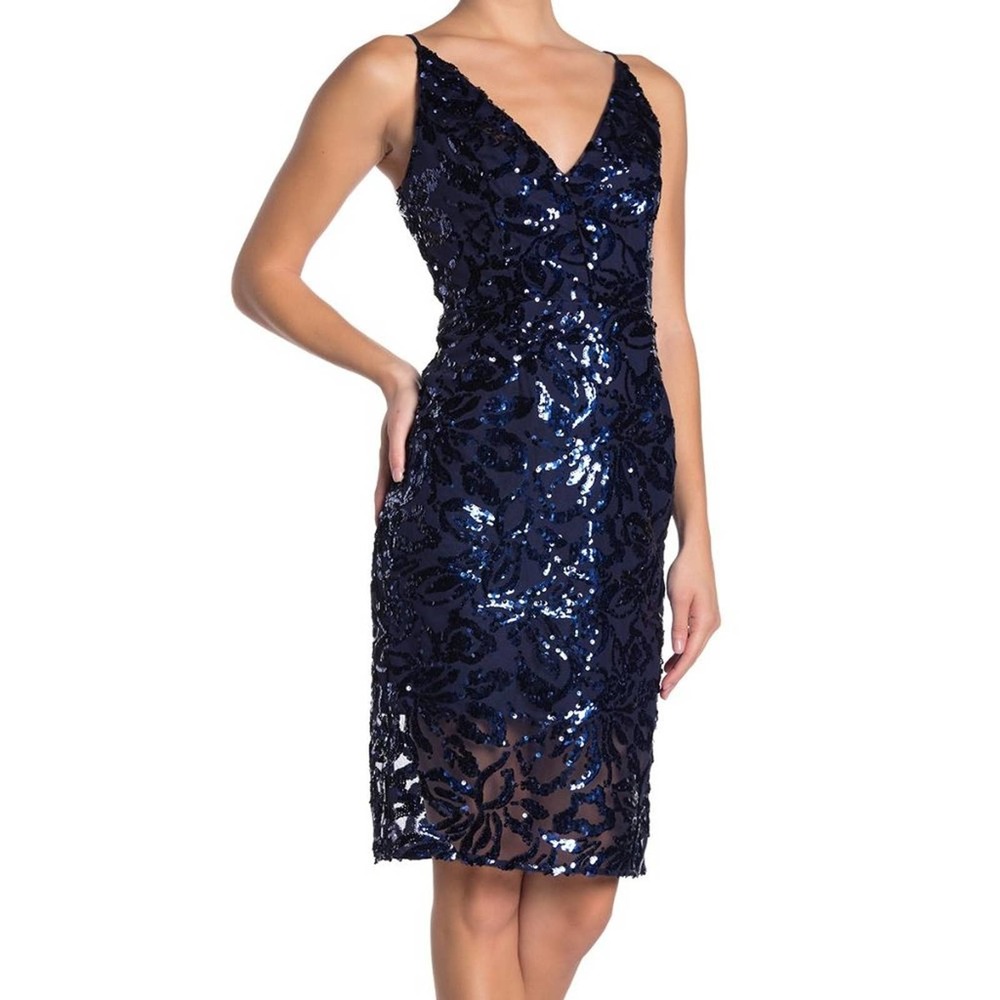 ELIZA J Blue Sequin V-Neck Sheath Dress 10 Midi Cocktail Glam Party Dance